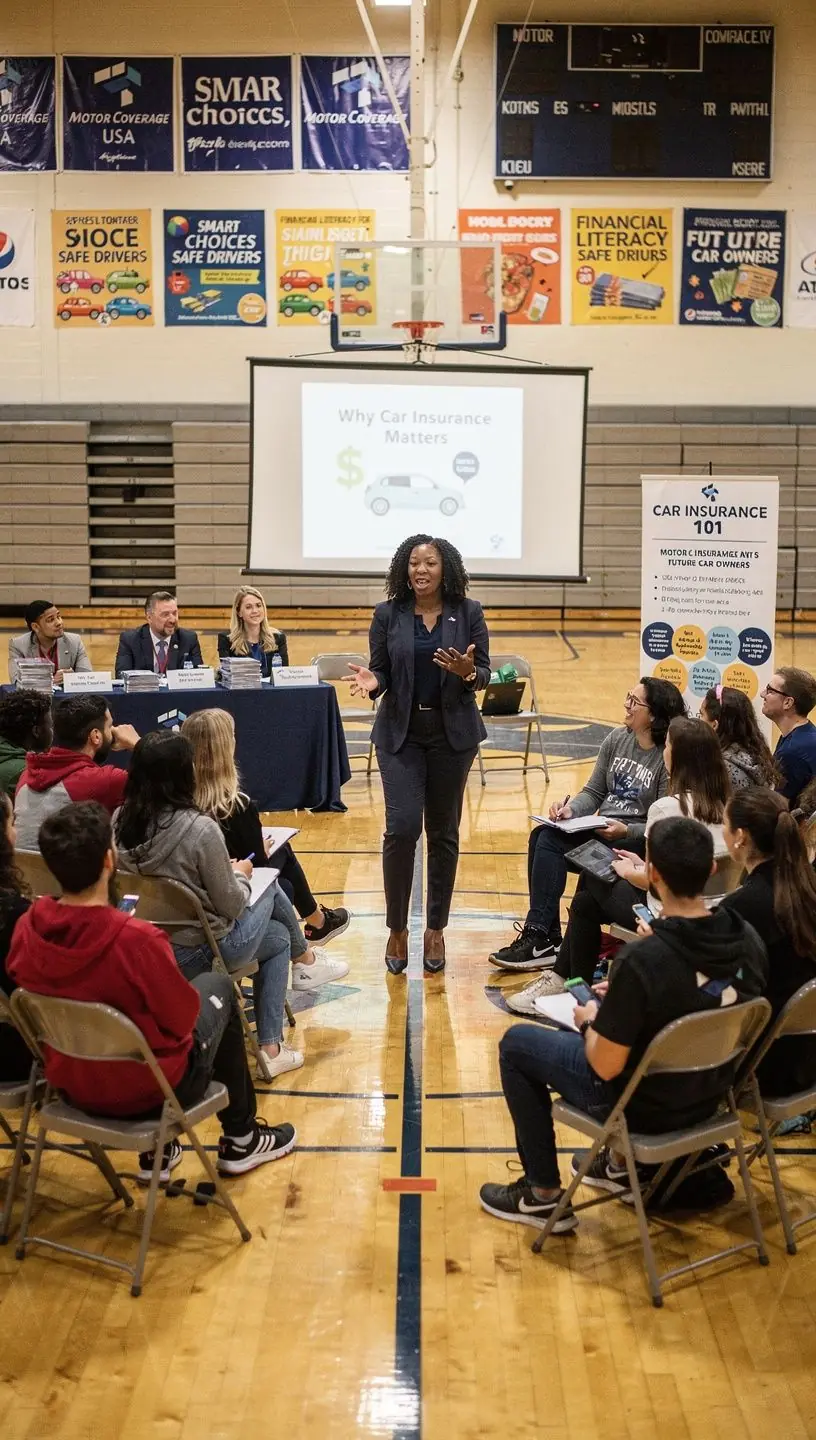Семья, наслаждающаяся поездкой на фоне пейзажа с надписью о страховании.